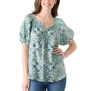 Wonderly Womens SZ XL Green Floral Print Puff Sleeve Top Blouse Smoked Neck